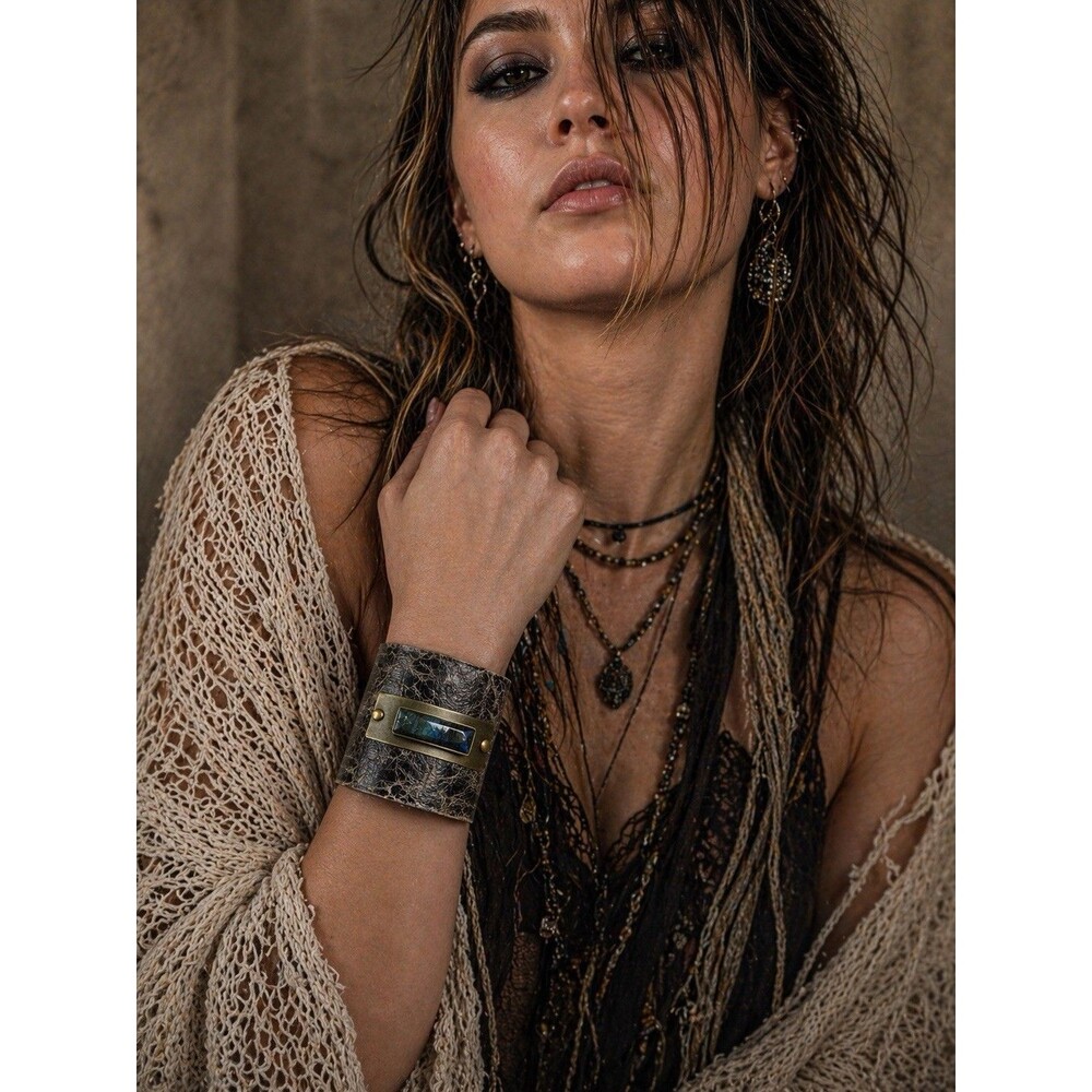 Wide Distressed Leather Cuff Bracelet Labradorite Stone Brass Rivets Boho Rustic